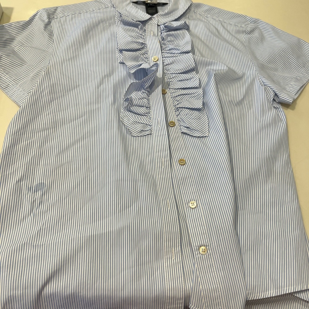 Marc Jacobs Light Blue & White Pinstripe Ruffle Button-Down Shirt